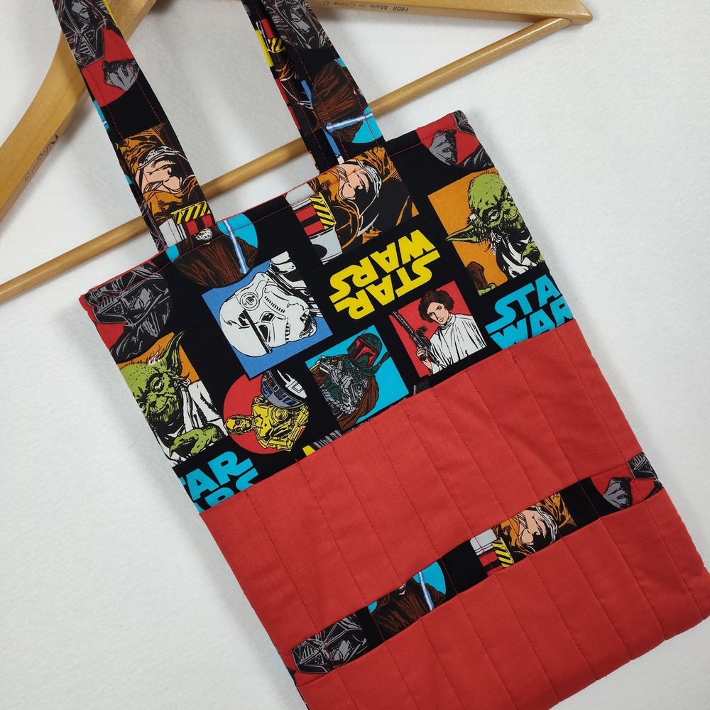 Handmade Star Wars Comic Print Quilted Tote Bag Yoda Darth Vader Leia Red